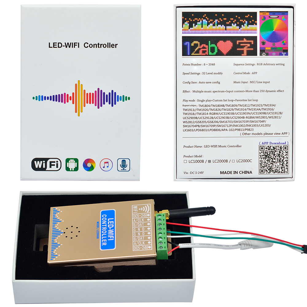 DC7-24V, LC-2000B LED WIFI SPI Music Spectrum Android Controller, For DMX512, WS2812B, SK6812 RGB/RGBW, WS2813, WS2815 Addressable LED Strip Lights, APP Support Input Content, Google Play Download